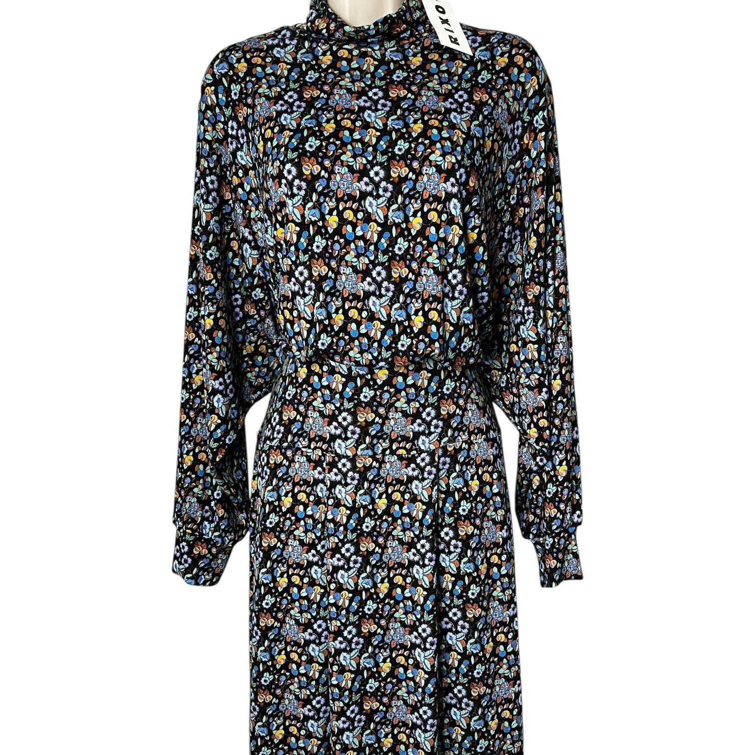Rixo Marina Turtleneck Midi Dress – Retro Floral, Stretch Jersey, UK12 M – pre-loved