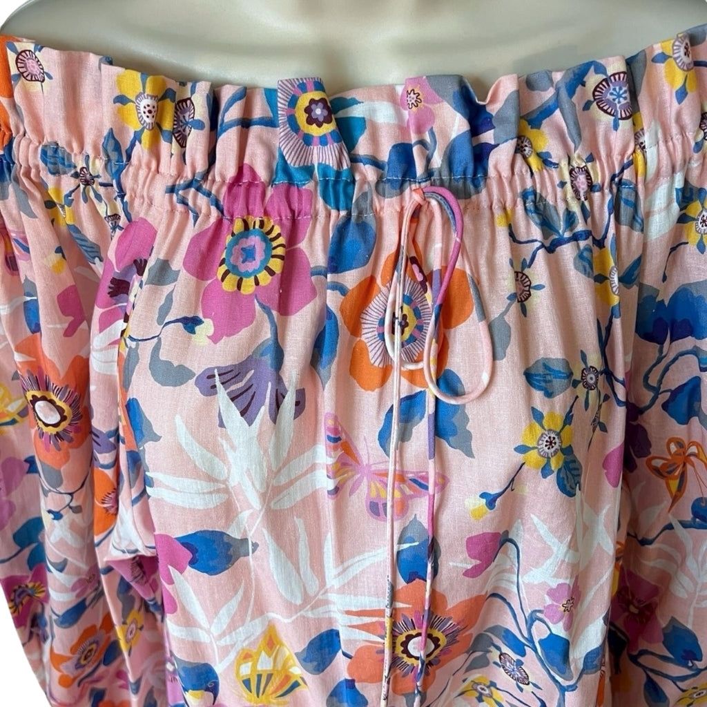 The Vampire’s Wife Off-Shoulder Linen Mini Dress – Pink Floral, M