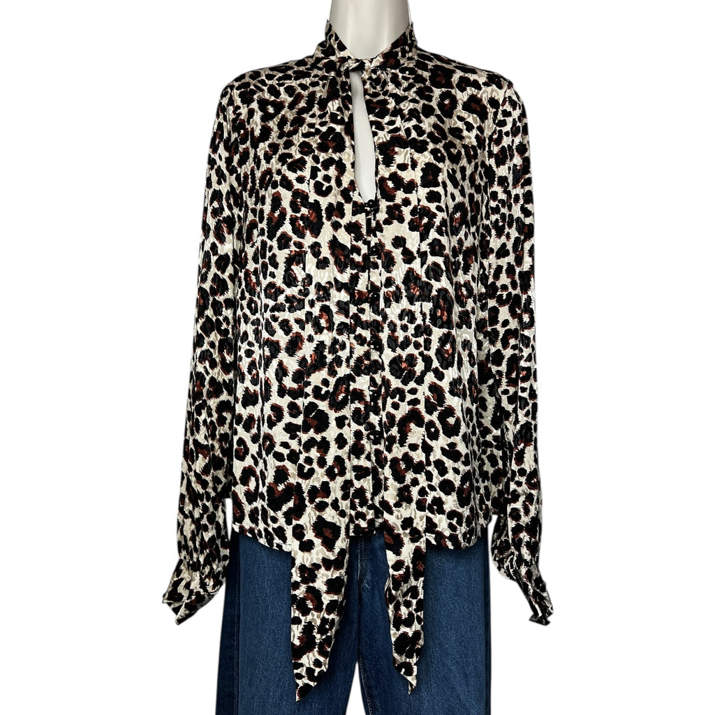 Kitri London Leopard Jacquard Pussy-Bow Blouse – V-Neck Balloon Sleeve Top, S