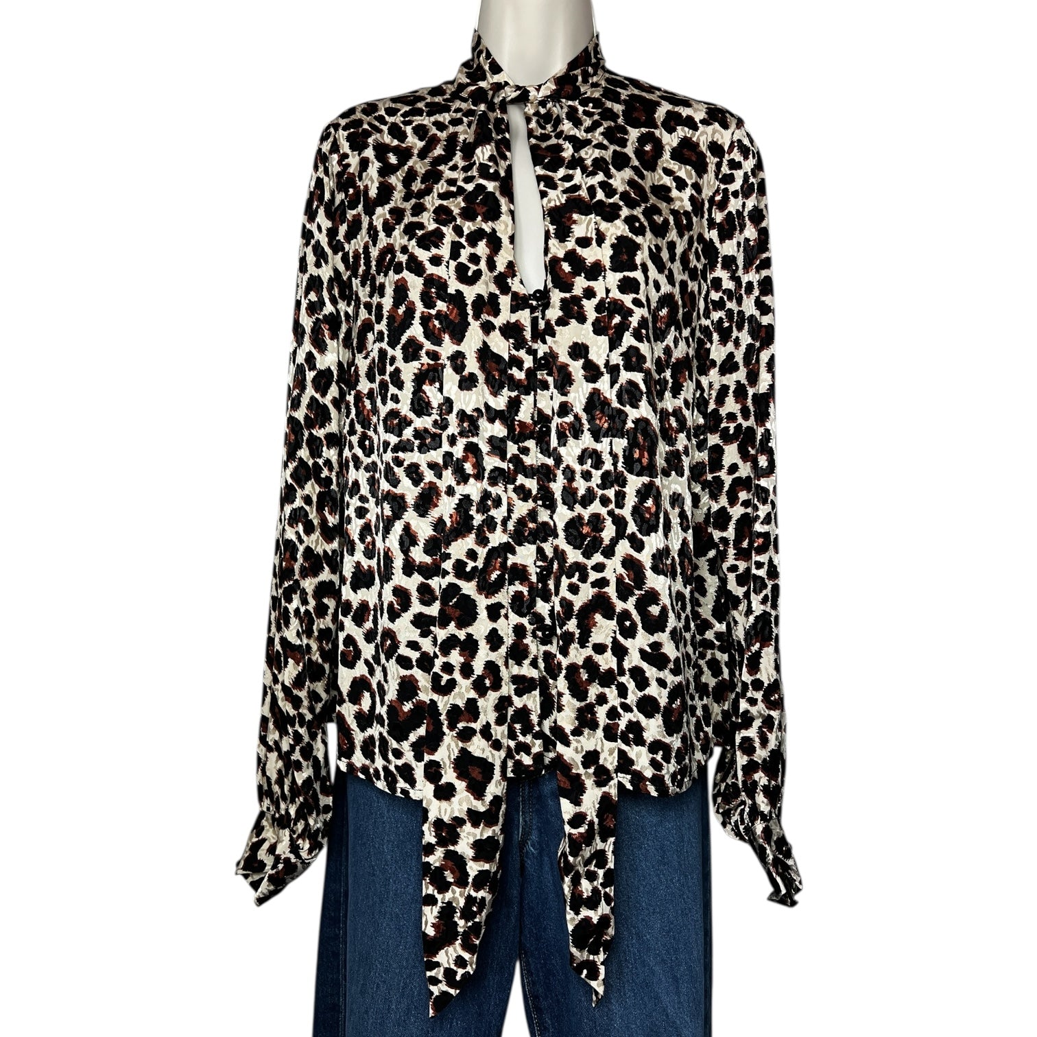 Kitri London Leopard Jacquard Pussy-Bow Blouse – V-Neck Balloon Sleeve Top, S