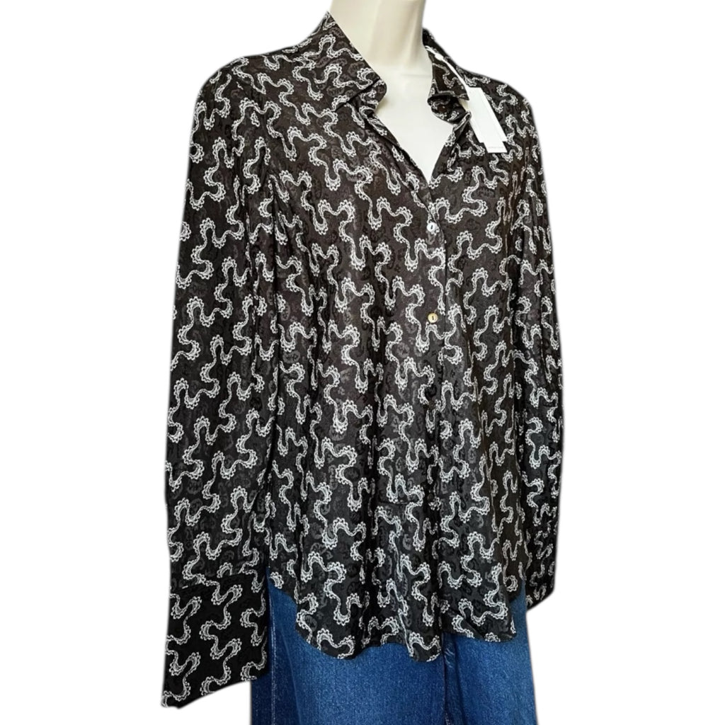 Rebecca Taylor Silk Jacquard Blouse – Collared Button Shirt, Brown, M