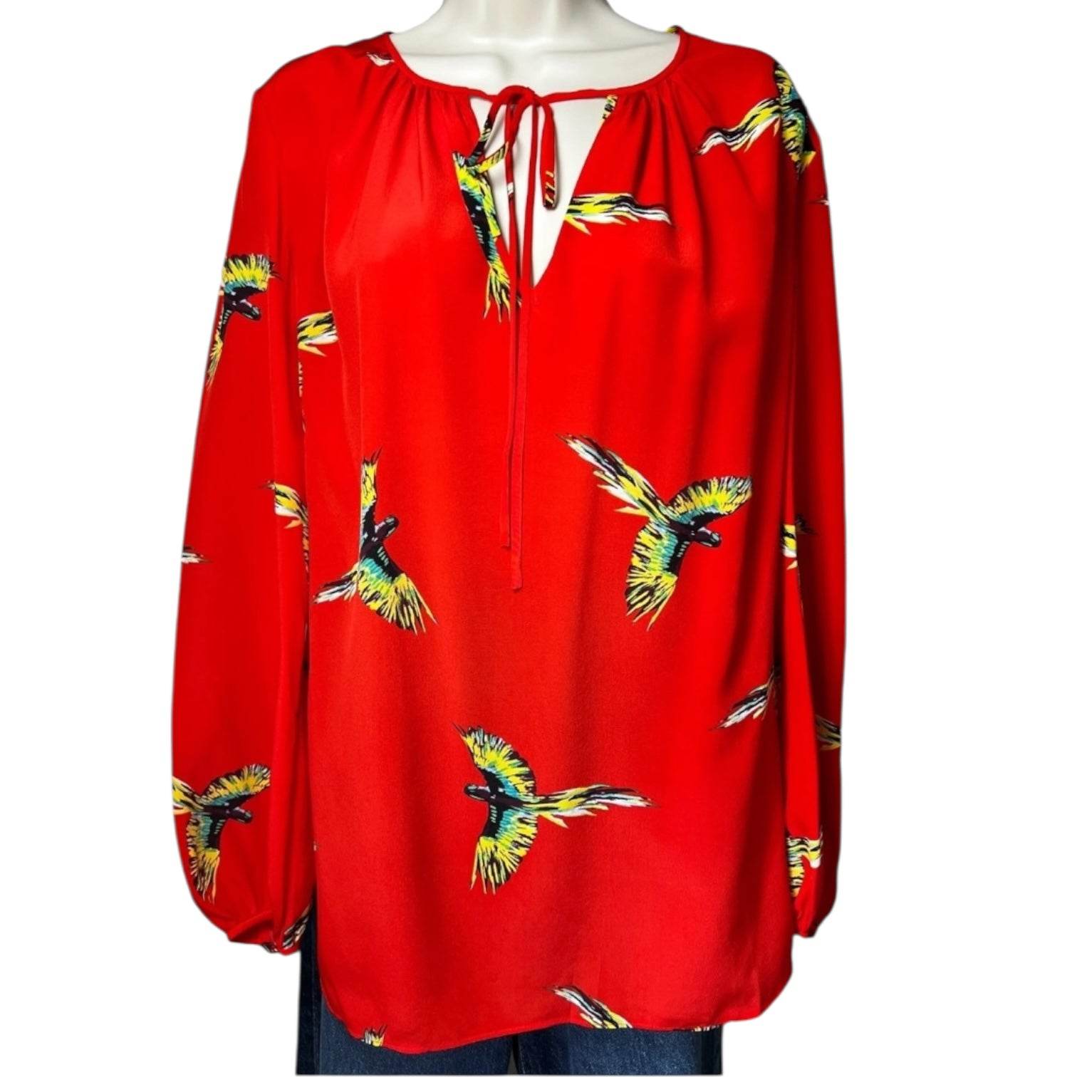 DVF Aurora Bird Print Silk Blouse – Red Tie Neck, US6 – pre-loved