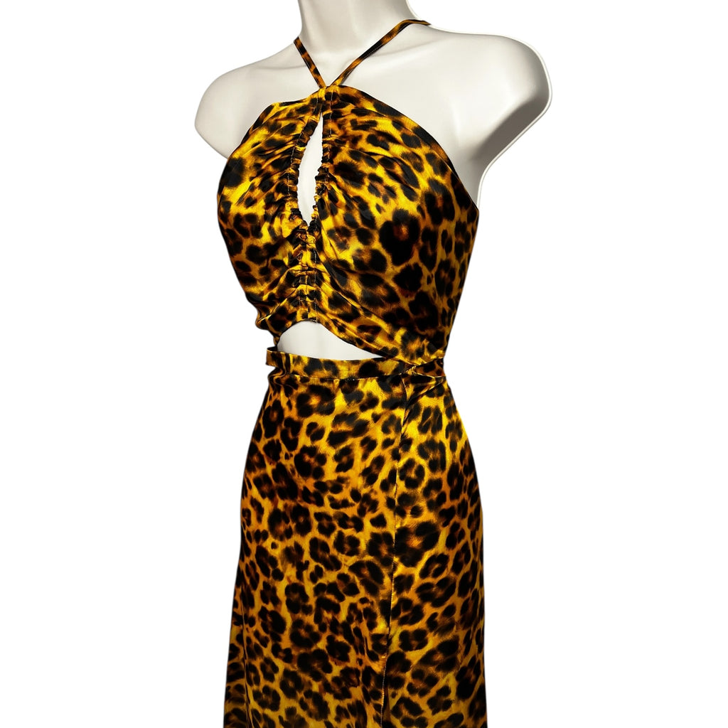 Sandro Satin Midi Dress – Halter Neck, Leopard Print, Cut-Out Detail, Wedding Guest Ready, FR 38 – pre-loved