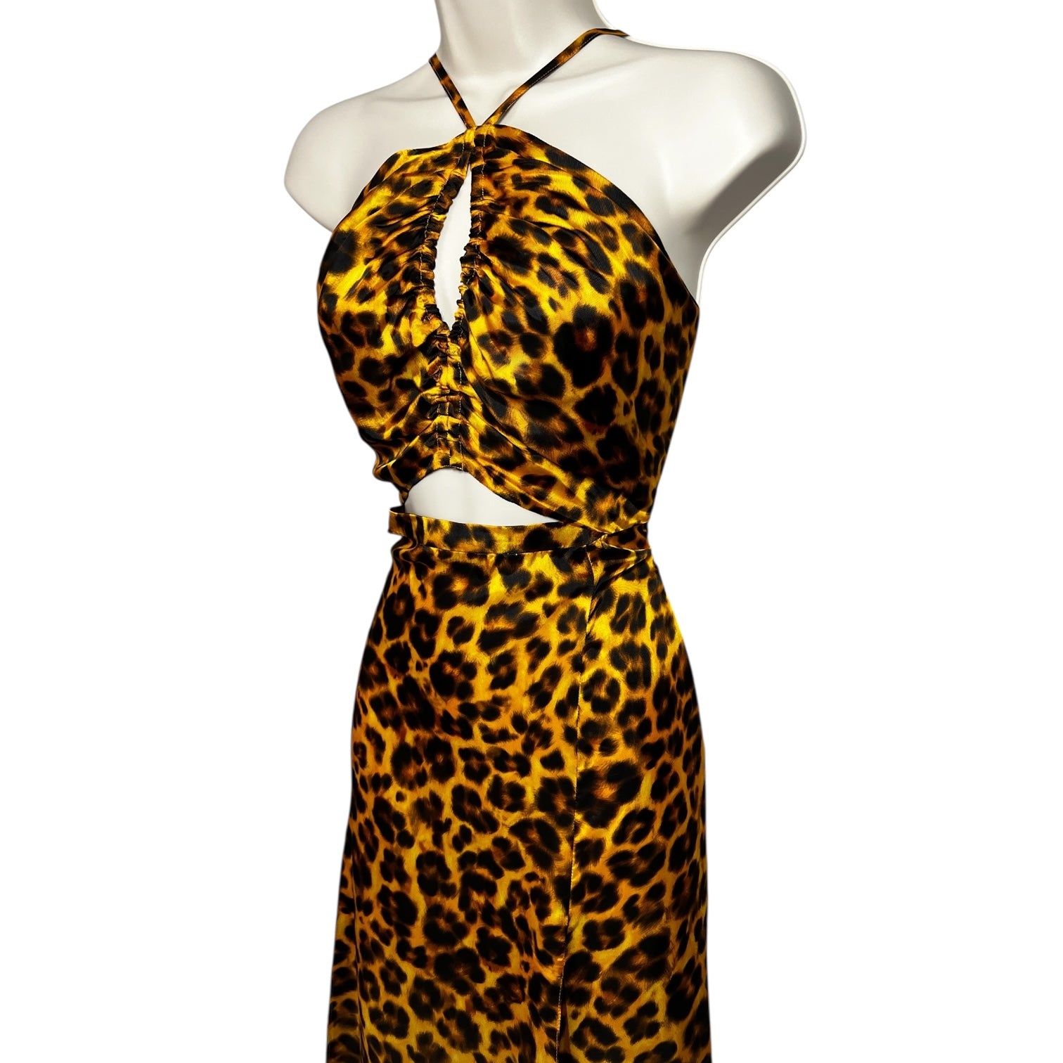Sandro Satin Midi Dress – Halter Neck, Leopard Print, Cut-Out Detail, Wedding Guest Ready, FR 38 – pre-loved