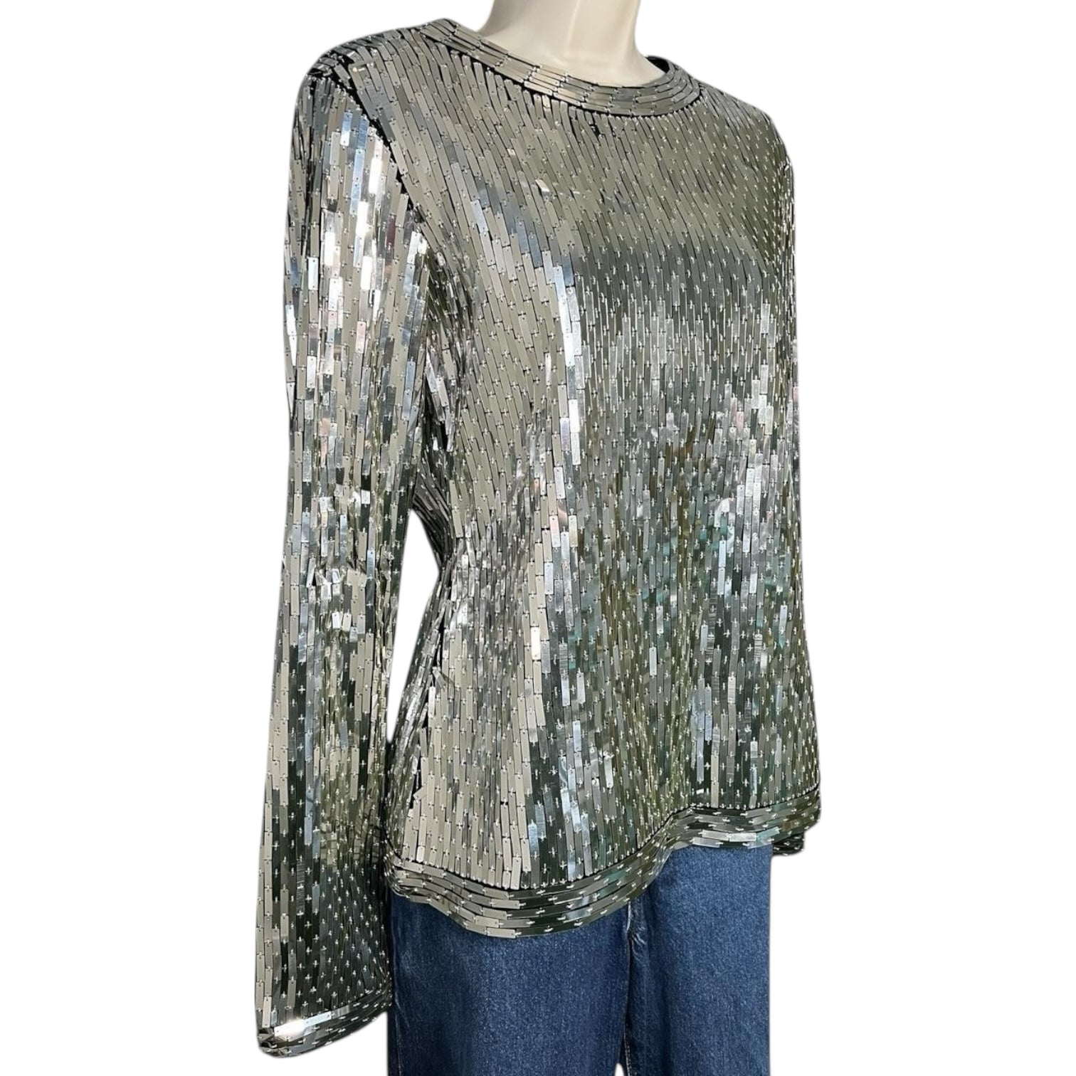Off-White Sequin Embellished Long Sleeve Top – Silver, IT42