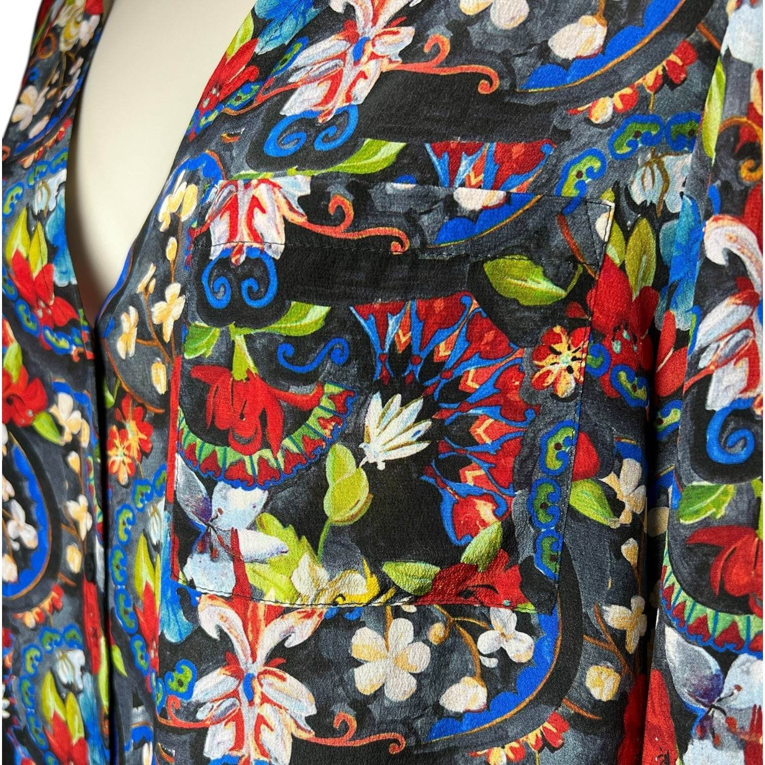 Alice + Olivia Silk Blouse – Floral Tapestry Print, Button Front, S – pre-loved