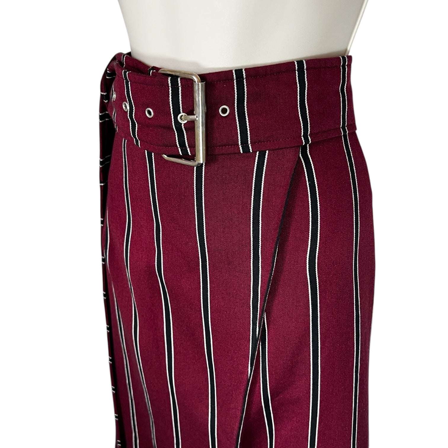 Solace London Wrap Midi Skirt – Striped Wool, Belted, High Waist, UK 8 – pre-loved