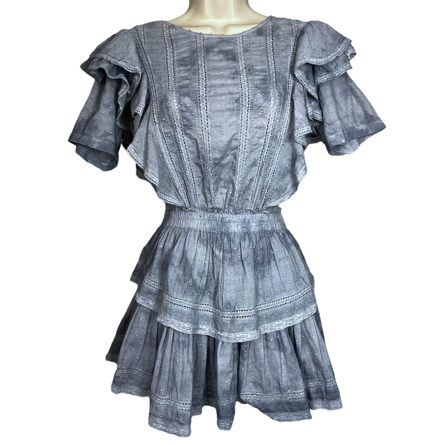 LoveShackFancy Natasha Tiered Mini Dress – Blue Tie-Dye Ruffle Cotton, Size M – pre-loved