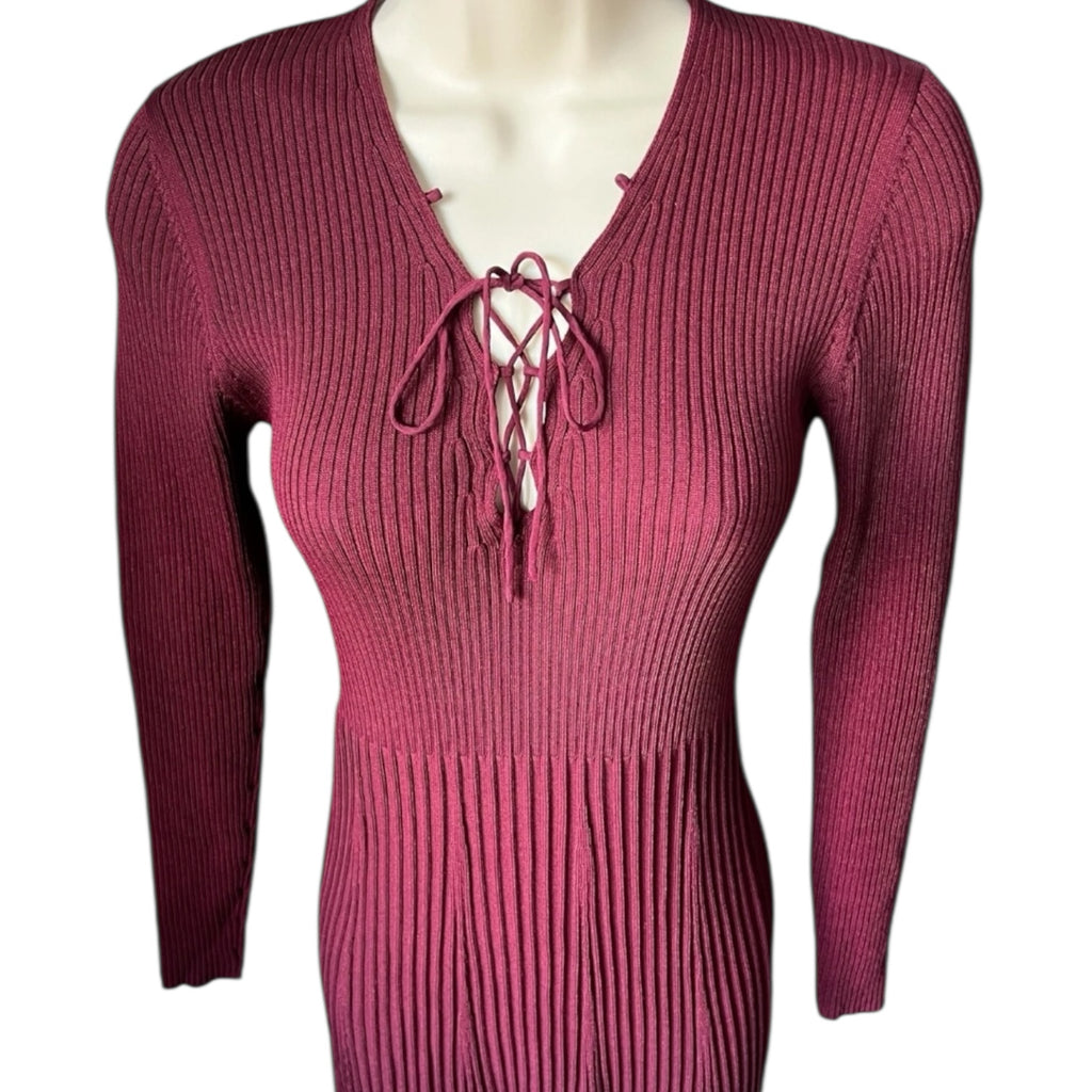 Sandro Paris Ribbed Knit Lace-Up Mini Dress – Burgundy Red, Size 3 (UK12)