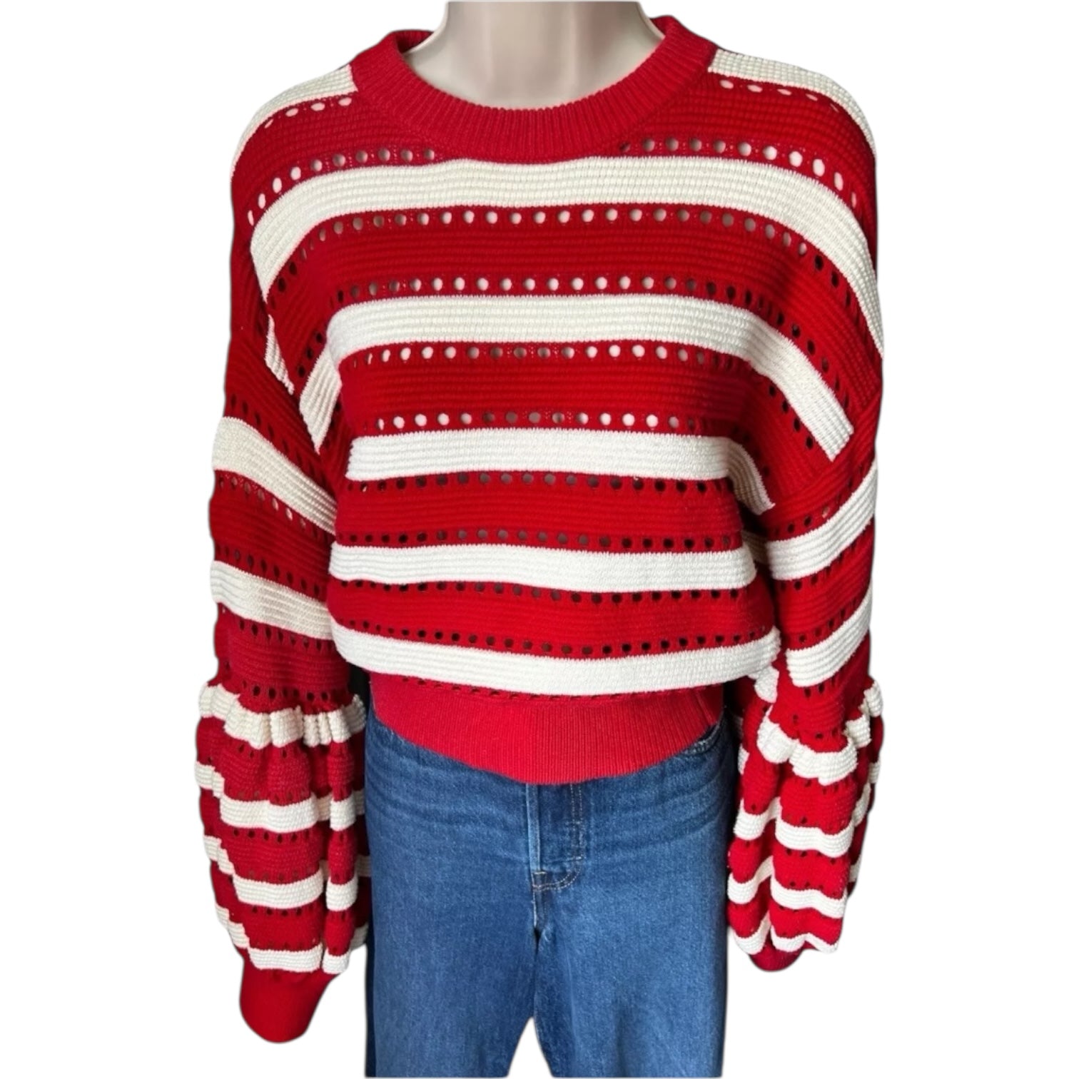 Self-Portrait Open-Knit Puff Sleeve Crop Jumper – Striped, Size L – pre-loved