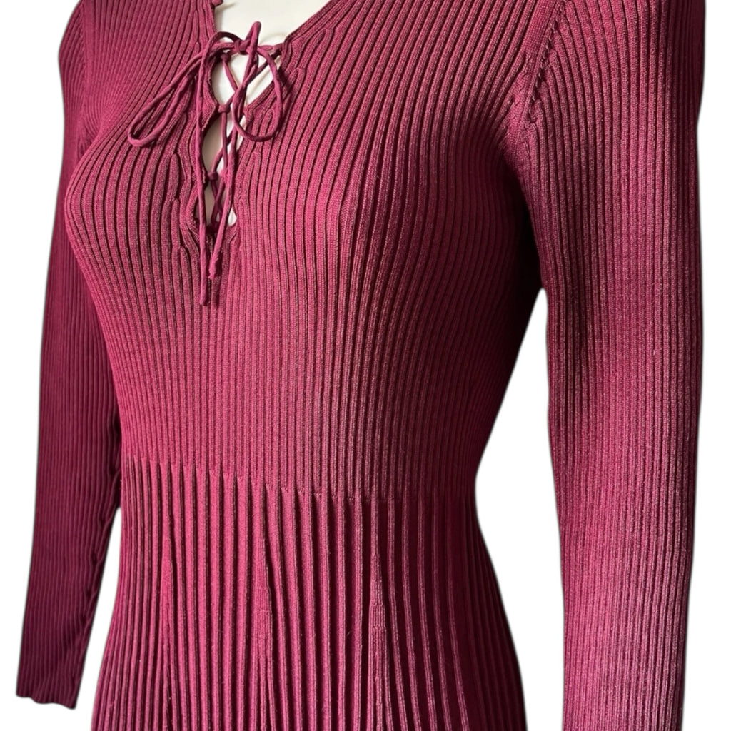 Sandro Paris Ribbed Knit Lace-Up Mini Dress – Burgundy Red, Size 3 (UK12)