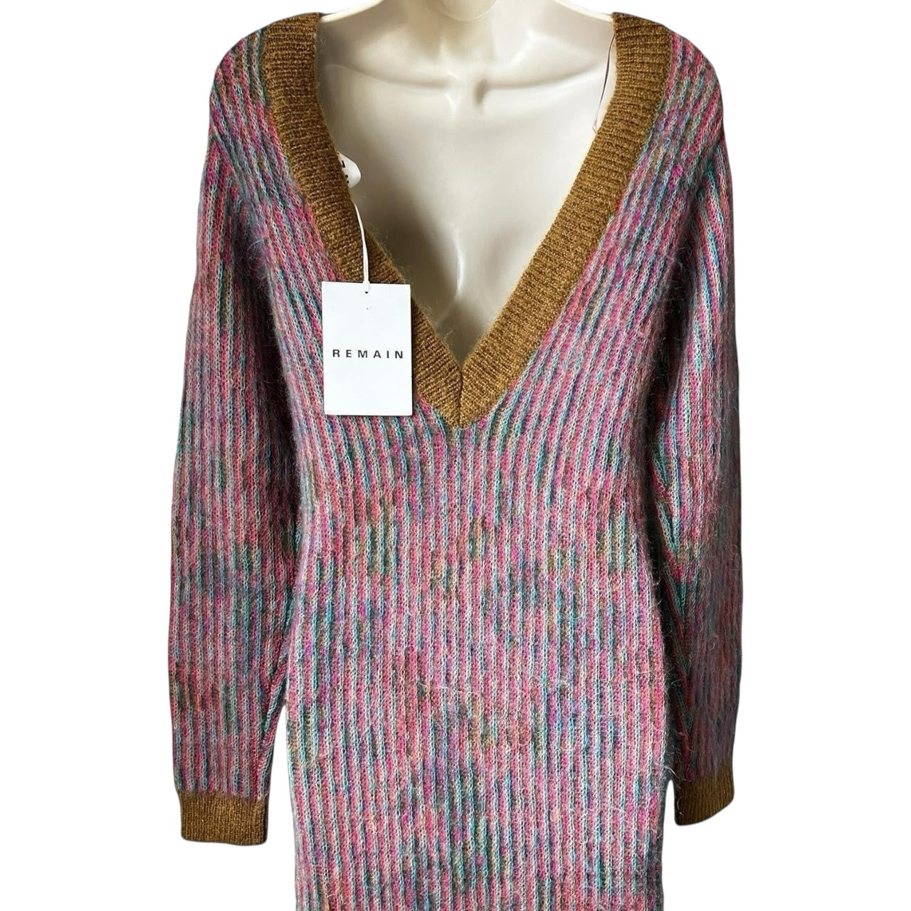 Remain Birger Wool & Kid Mohair Jacquard Knit Midi Dress – Open Back, Side Slits, DE36 (UK10)