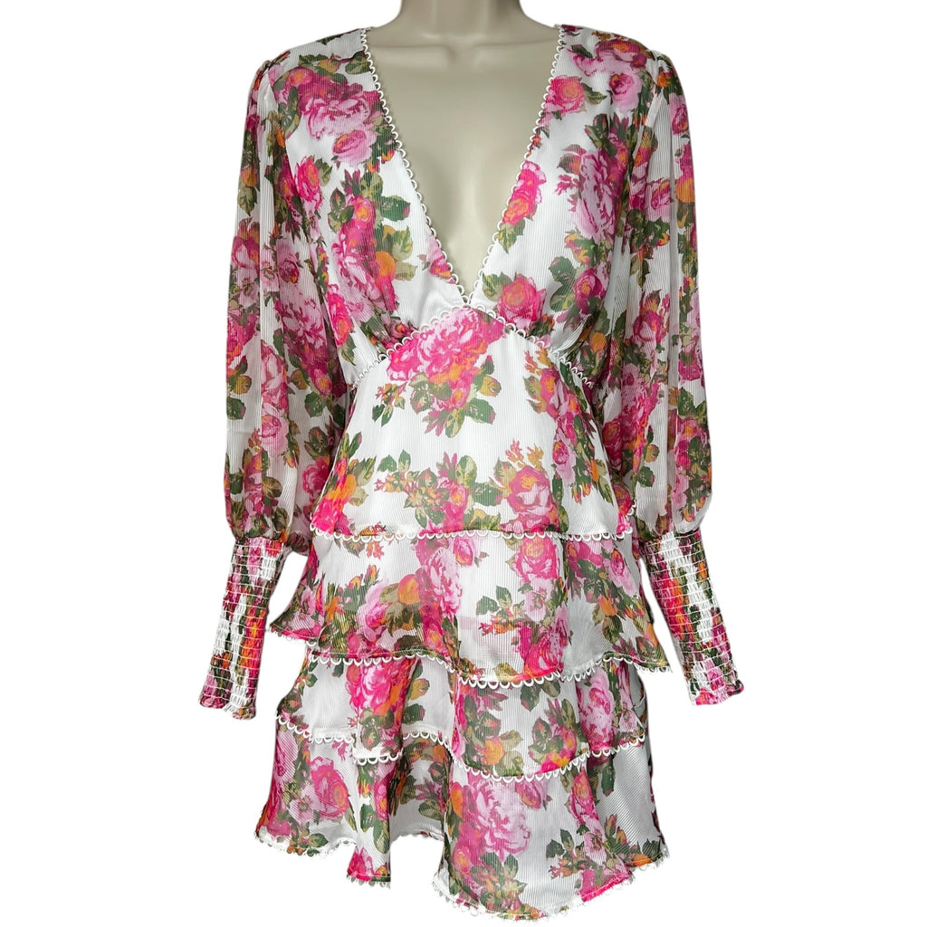 Keepsake The Label Oblivion Tiered Mini Dress – Floral Long Sleeve, Size M