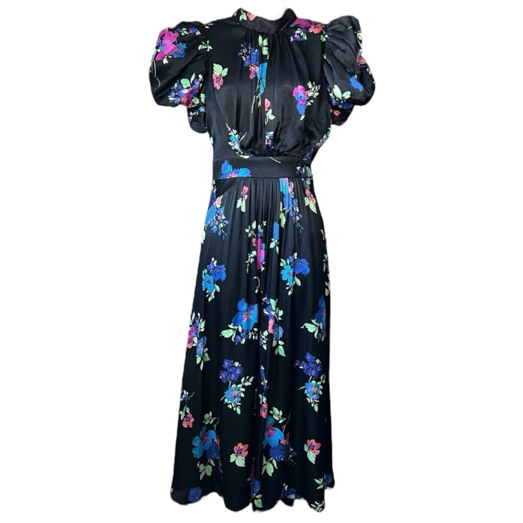 Rotate Birger Christensen Puff Sleeve Satin Midi Dress – Black Floral, DE38