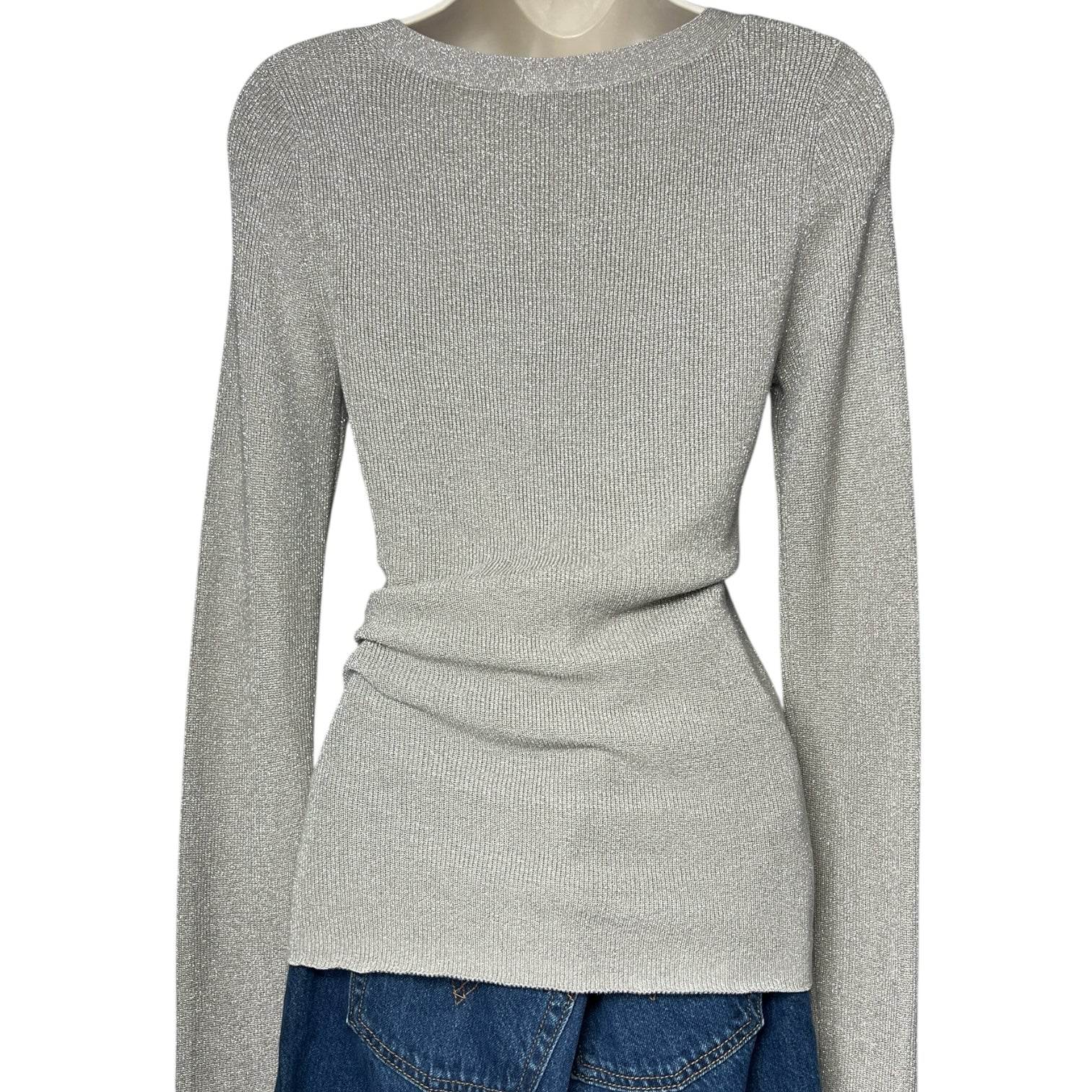 Joseph Metallic Silk V-Neck Jumper – Silver Knit, Size S – pre-loved
