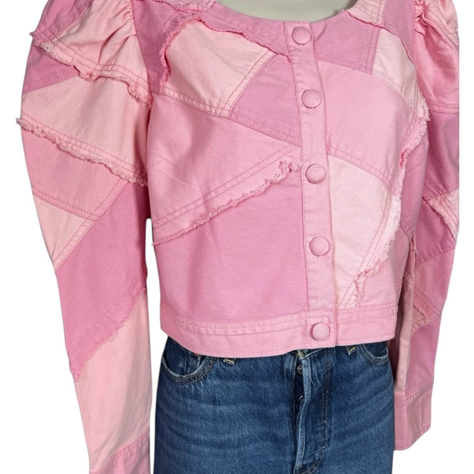 LoveShackFancy Patchwork Denim Cropped Jacket – Puff Sleeves, Fringe, Pink US8 – pre-loved