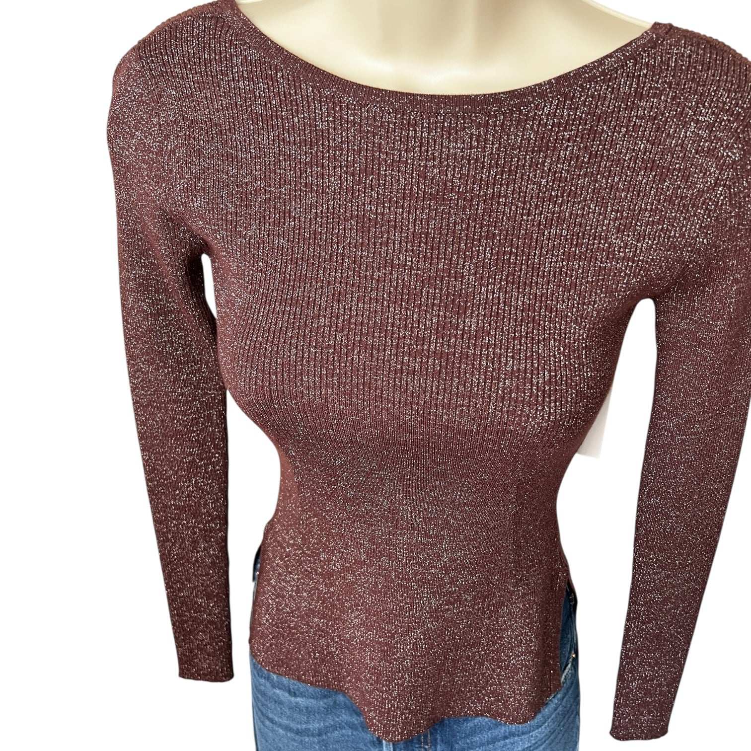 MaxMara Favella Ribbed Knit Jumper – Wine Metallic Thread, XS – pre-loved