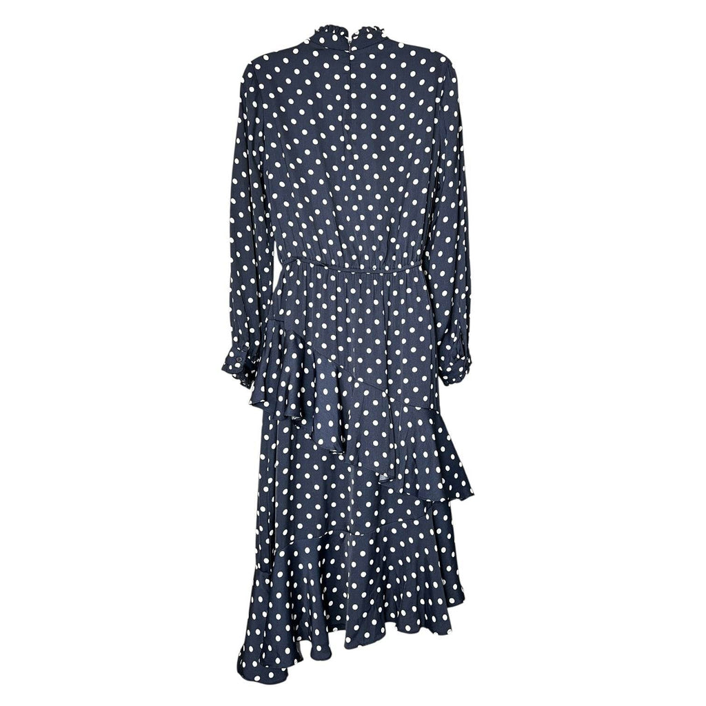Essentiel Antwerp Polka Dot Midi Dress – Ruffle High Neck, Tiered Skirt, Navy, EU36 – pre-loved