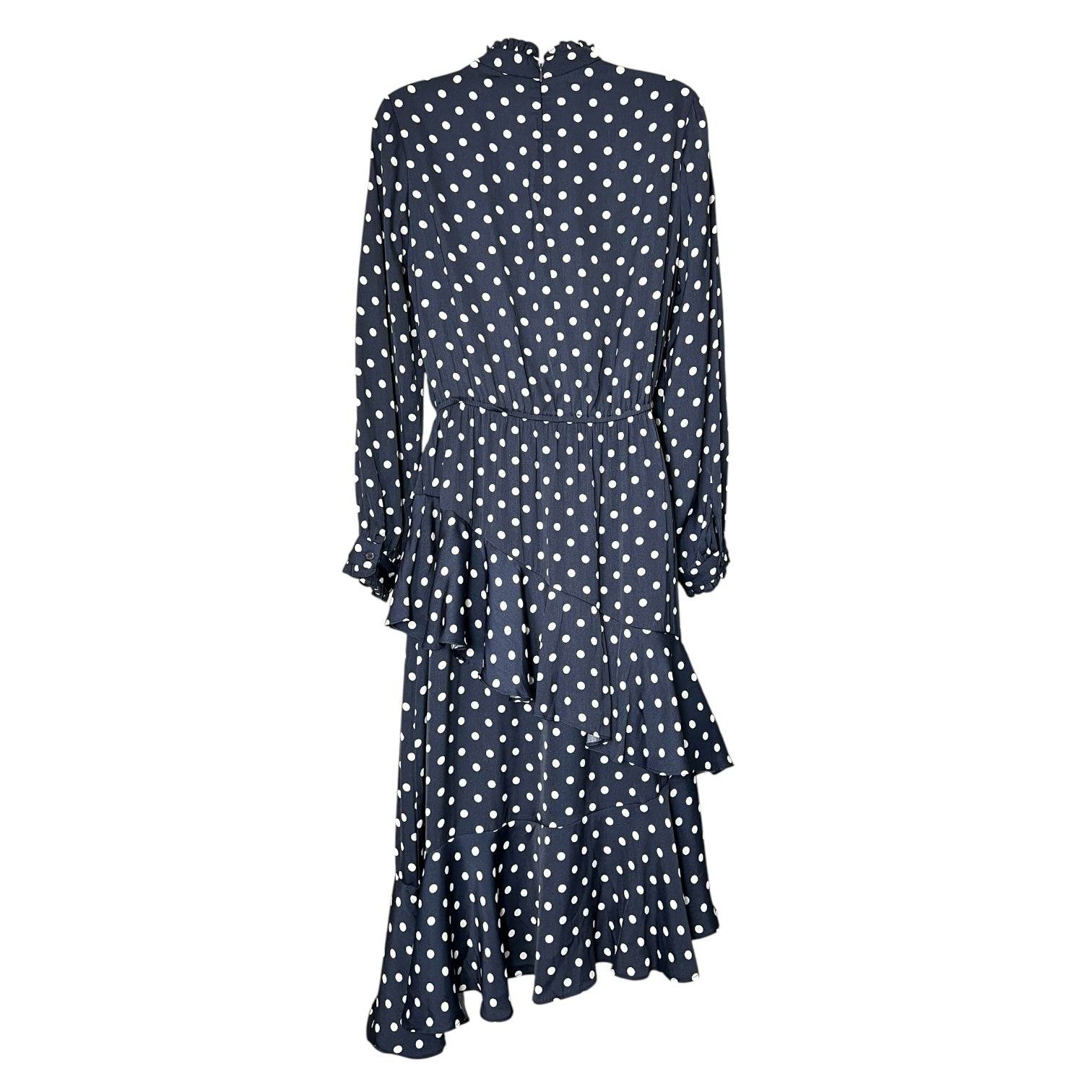 Essentiel Antwerp Polka Dot Midi Dress – Ruffle High Neck, Tiered Skirt, Navy, EU36 – pre-loved