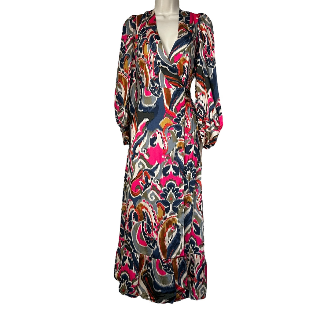 Vilagallo Floral Print Wrap Midi Dress – Long Sleeve Ruffle, EU40 (UK12)