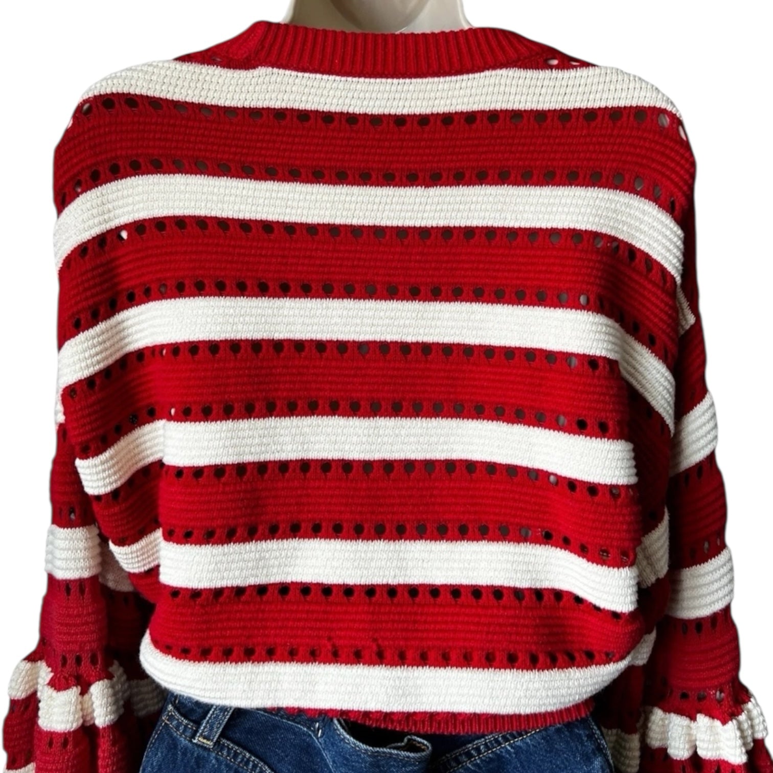 Self-Portrait Open-Knit Puff Sleeve Crop Jumper – Striped, Size L – pre-loved
