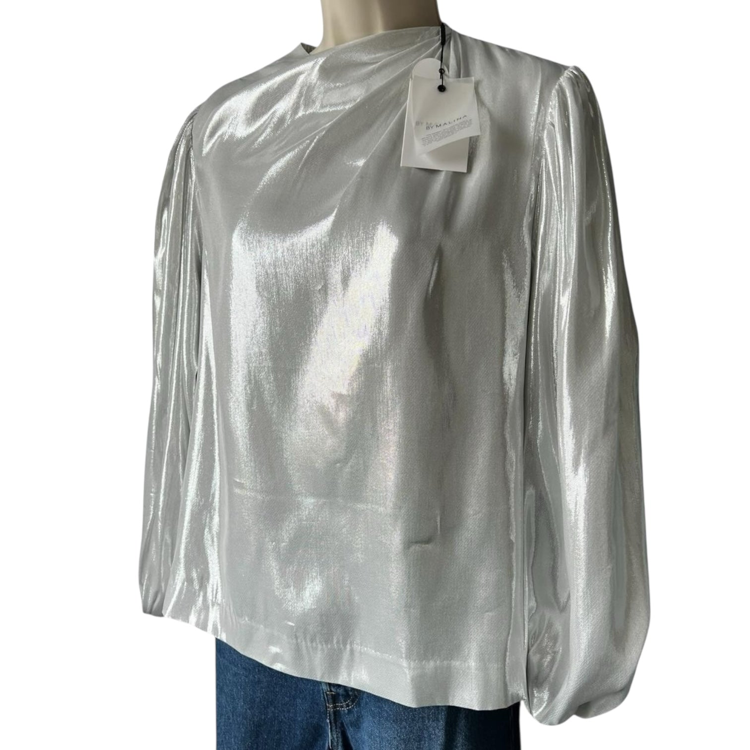 By Malina Metallic Silk Blend Draped Long Balloon Sleeve Blouse – XS