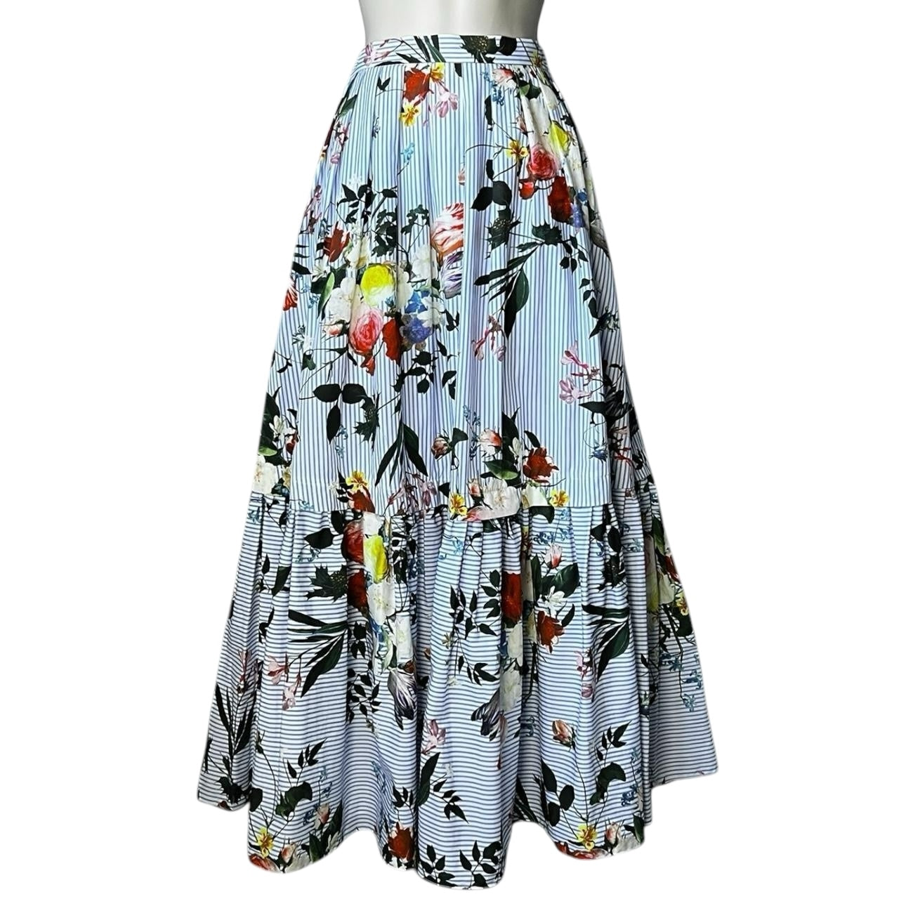 Erdem Leigh Floral Stripe Cotton Tiered Poplin Midi Skirt – UK6