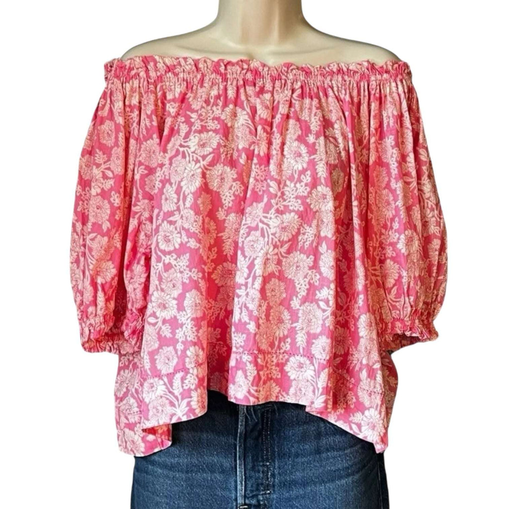 The Great Off-Shoulder Floral Top – Boho Prairie Style, Pink Cotton Poplin, Size 2 (M) – pre-loved