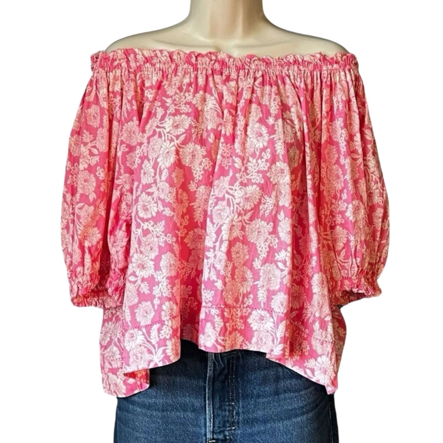 The Great Off-Shoulder Floral Top – Boho Prairie Style, Pink Cotton Poplin, Size 2 (M) – pre-loved