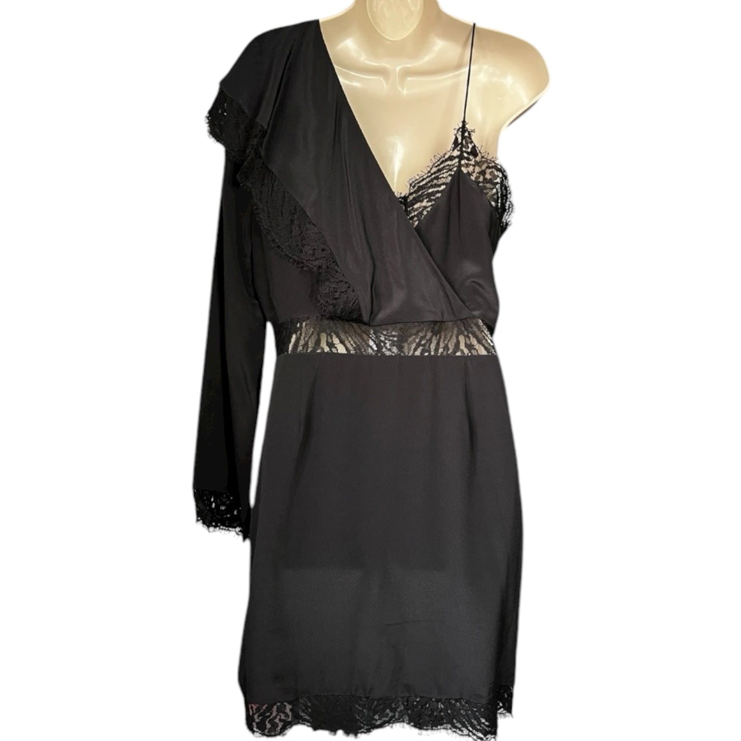 IRO Paris Silk One-Shoulder Lace Slip Mini Dress – Black, FR40