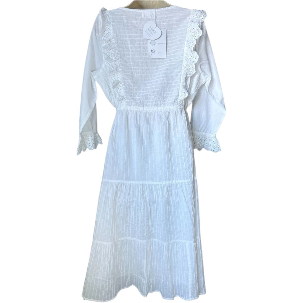 Pink City Prints Embroidered Prairie Ruffle Midi Dress – White, Cotton, L