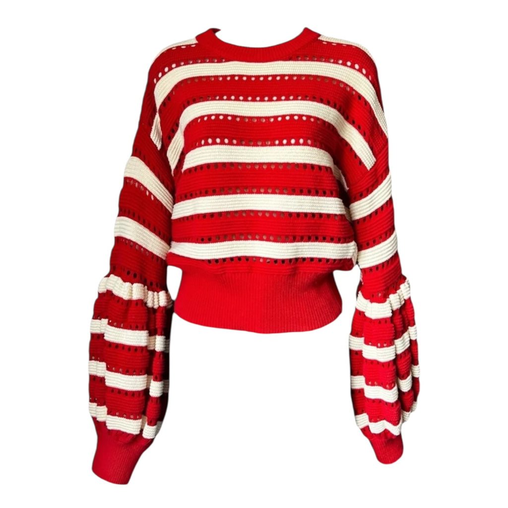Self-Portrait Open-Knit Puff Sleeve Crop Jumper – Striped, Size L – pre-loved