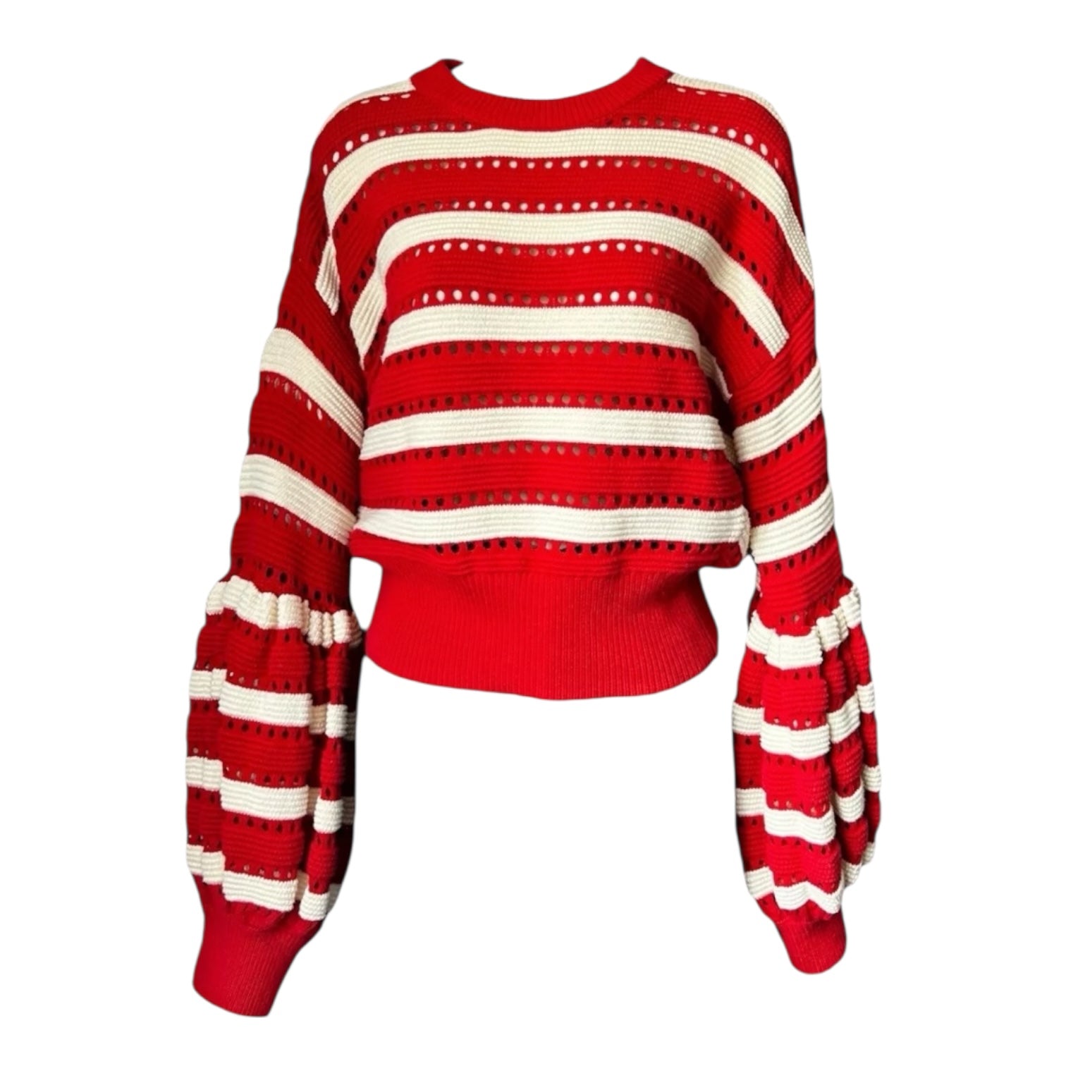 Self-Portrait Open-Knit Puff Sleeve Crop Jumper – Striped, Size L – pre-loved