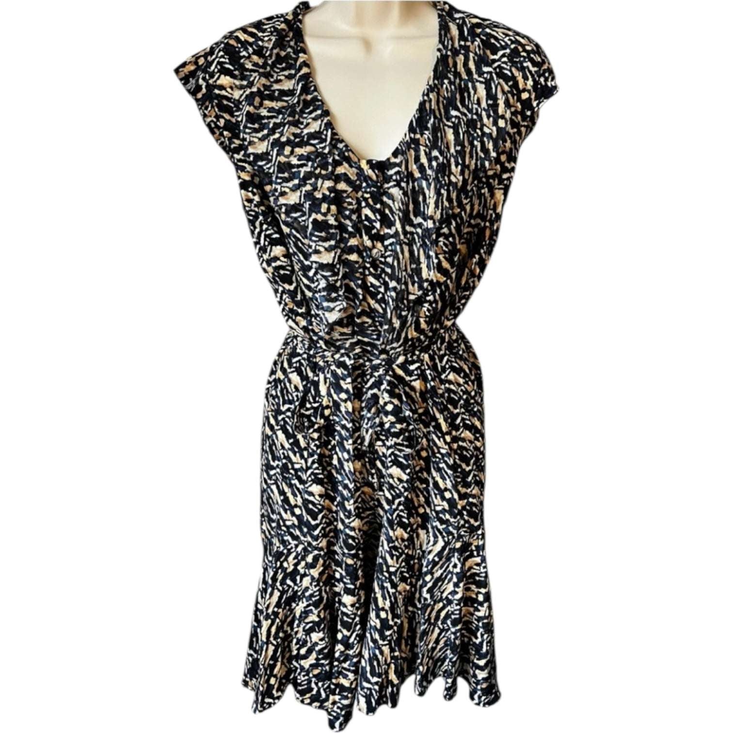 Saloni Silk Ruffle Button Mini Dress – Abstract Print, Belted, UK8 – pre-loved