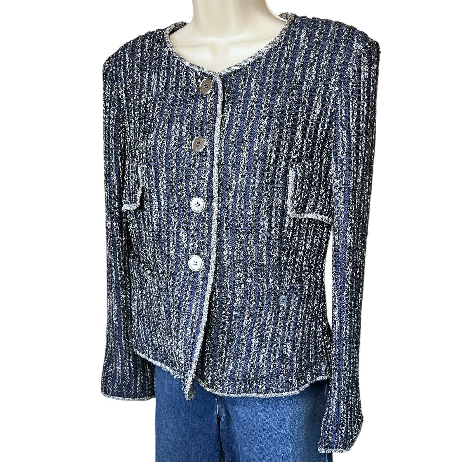 Theyskens’ Theory Tweed Collarless Blazer – Distressed, Silk-Lined, US 6 – pre-loved