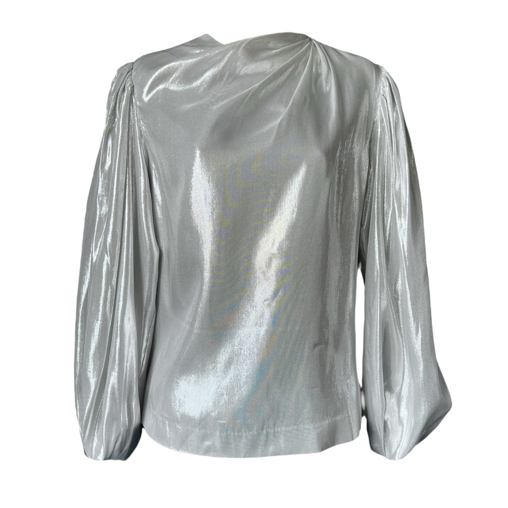 By Malina Metallic Silk Blend Draped Long Balloon Sleeve Blouse – XS