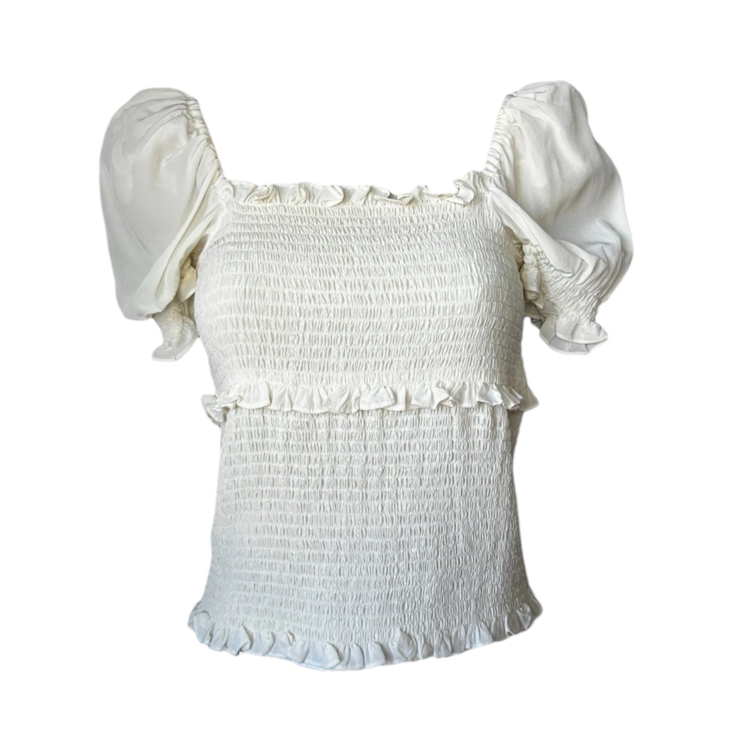 Cinq à Sept Square Neck Puff Sleeves Smocked Ruffle Silk Top – Ivory Blouse, S