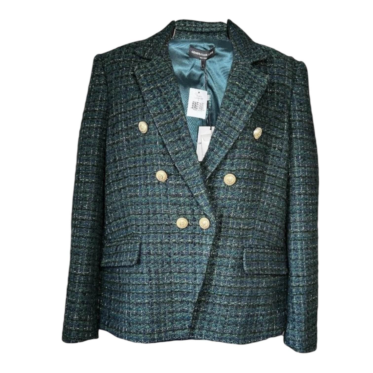 Generation Love Kaya Blazer – Metallic Hunter Green Tweed, Size L – pre-loved