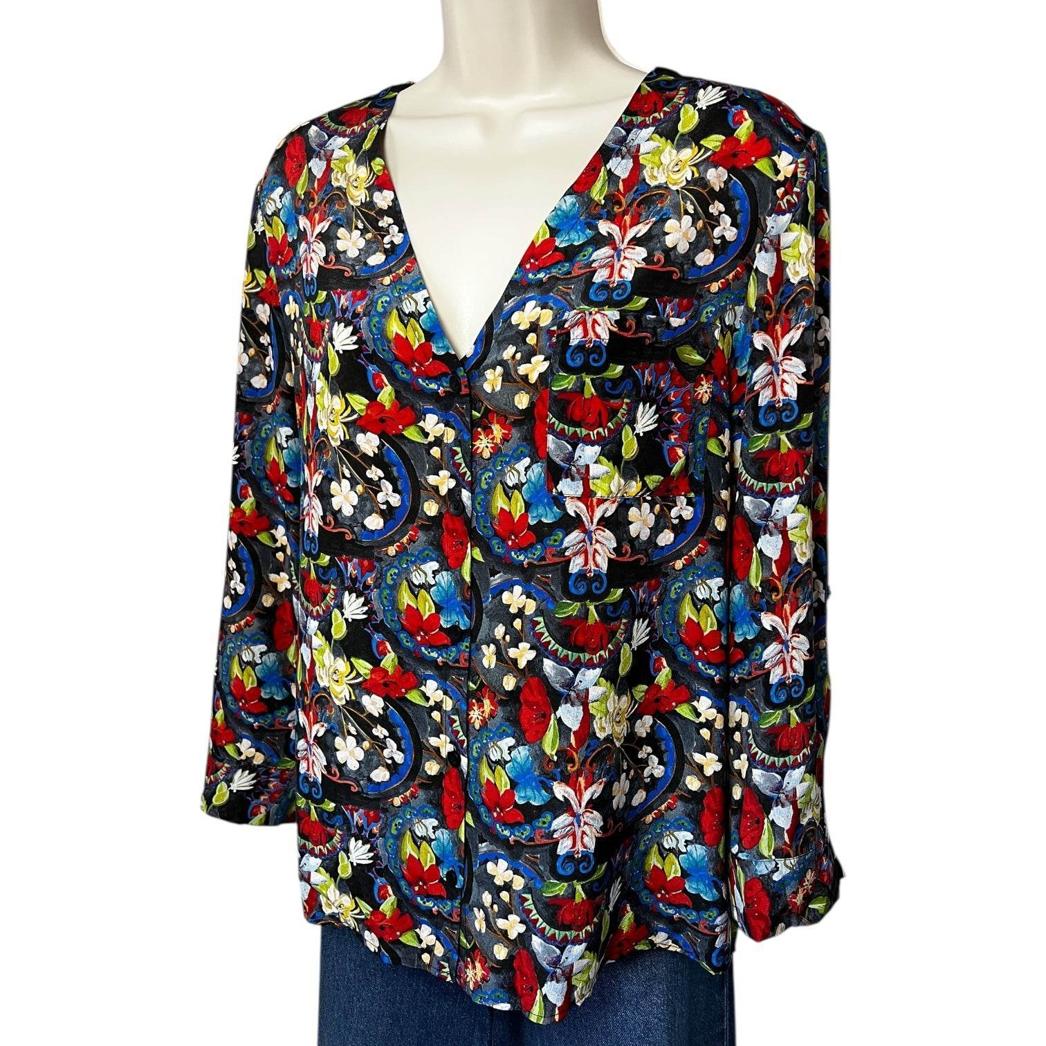 Alice + Olivia Silk Blouse – Floral Tapestry Print, Button Front, S – pre-loved