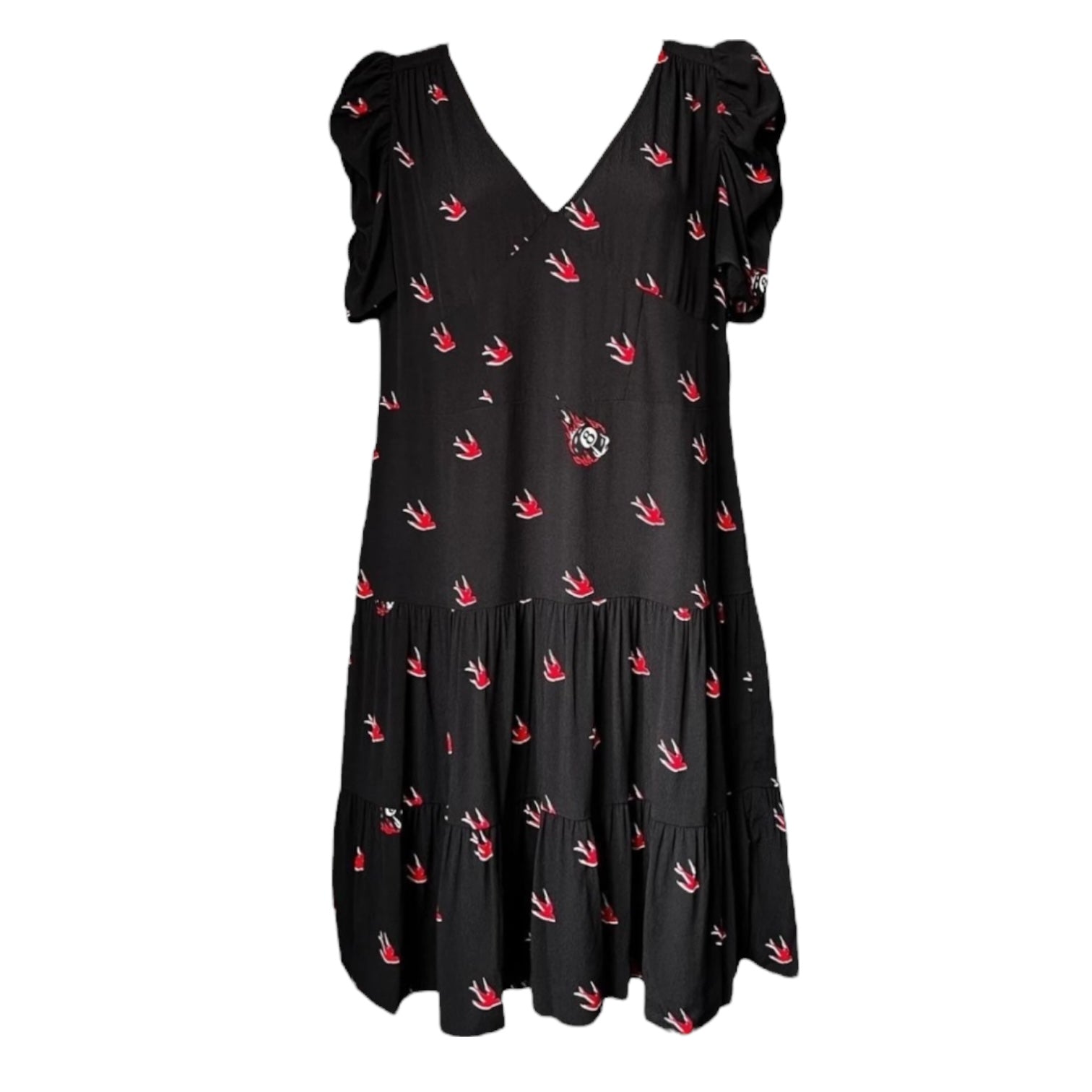 McQ Alexander McQueen Swallow Print Mini Dress – Black & Red, IT38 / UK6 – pre-loved