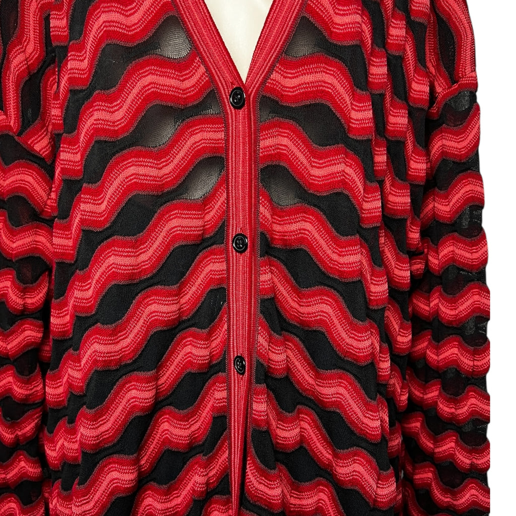 M Missoni Red & Black Zig-Zag Knit Long Cardigan – Wool Cotton Mesh, S