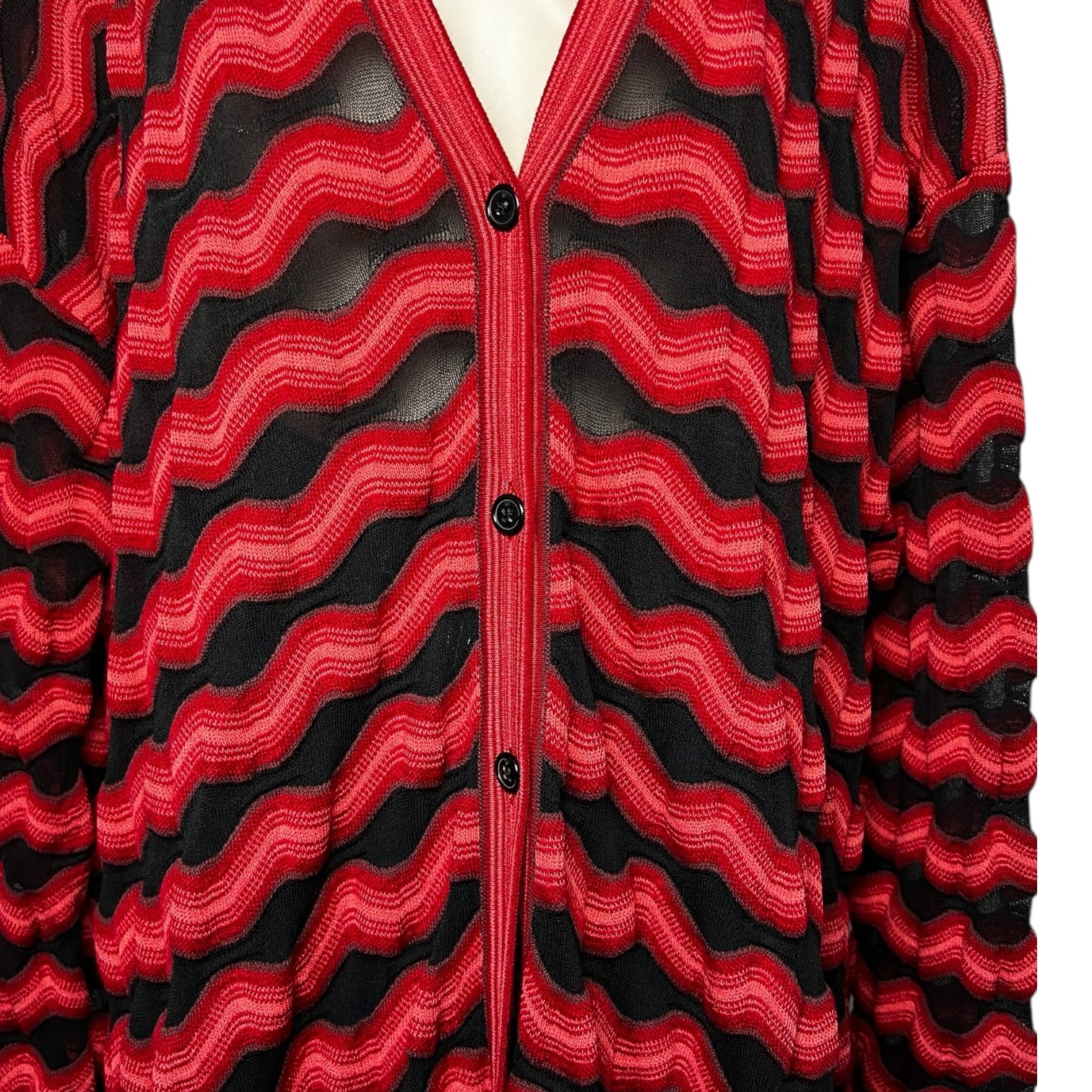 M Missoni Red & Black Zig-Zag Knit Long Cardigan – Wool Cotton Mesh, S