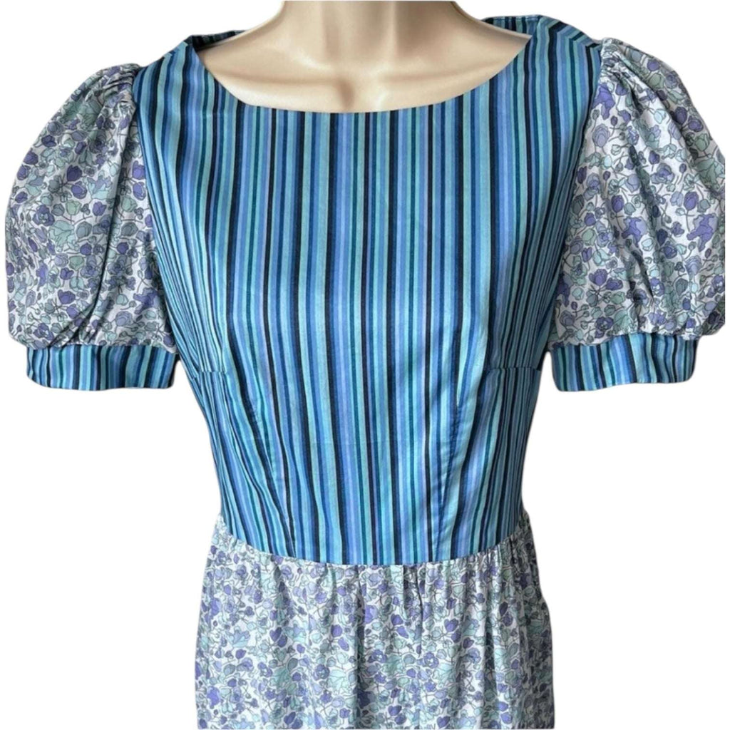 O Pioneers Midi Dress – Handmade Floral & Stripe, Cotton, UK8 – pre-loved