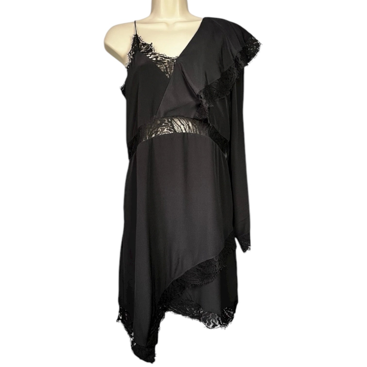 IRO Paris Silk One-Shoulder Lace Slip Mini Dress – Black, FR40