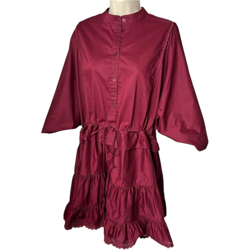 See By Chloé Tiered Ruffle Mini Dress – Red Broderie, Drawstring Waist, FR38 – pre-loved