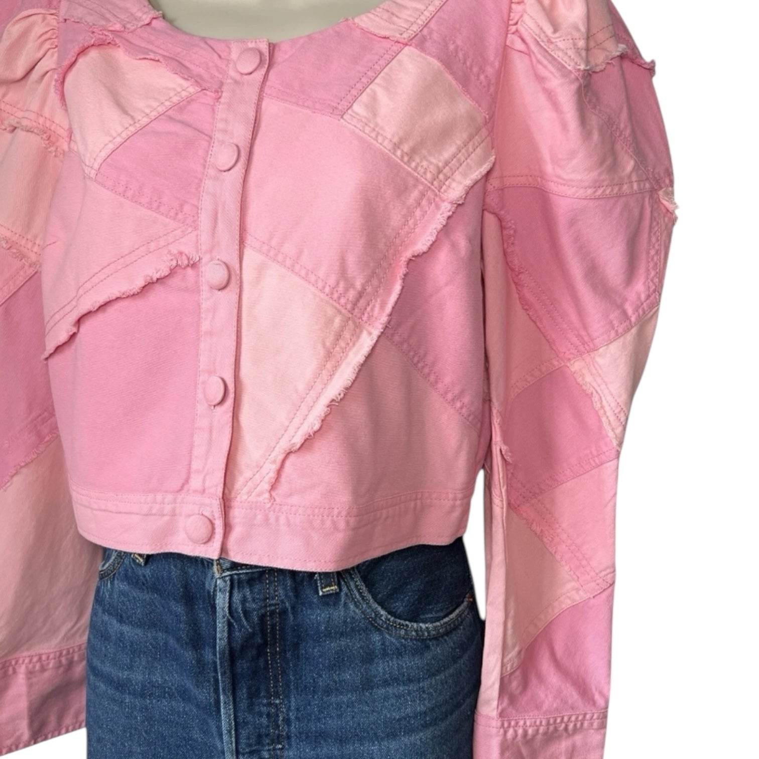 LoveShackFancy Patchwork Denim Cropped Jacket – Puff Sleeves, Fringe, Pink US8 – pre-loved