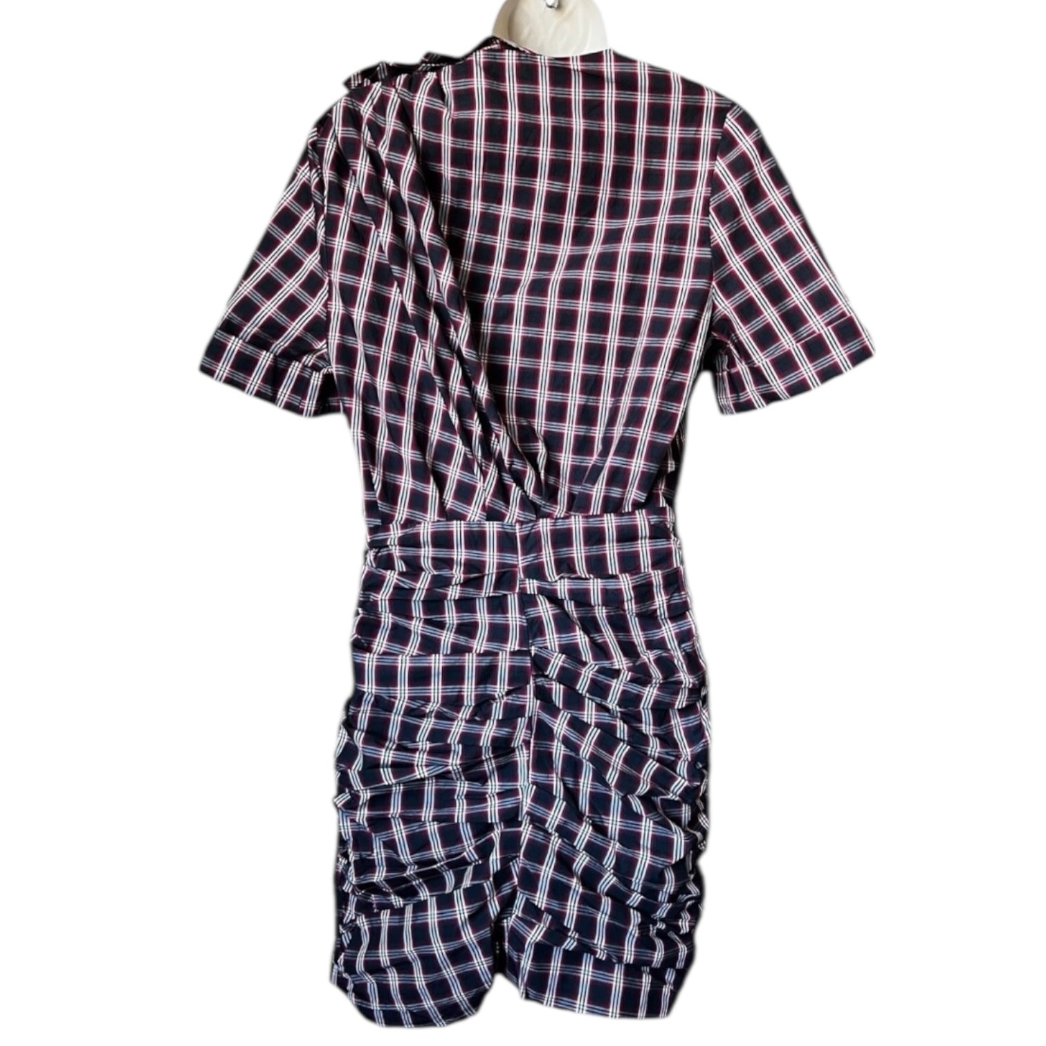 Isabel Marant Tartan Mini Dress – Ruched Cotton Check Short Sleeve, FR36