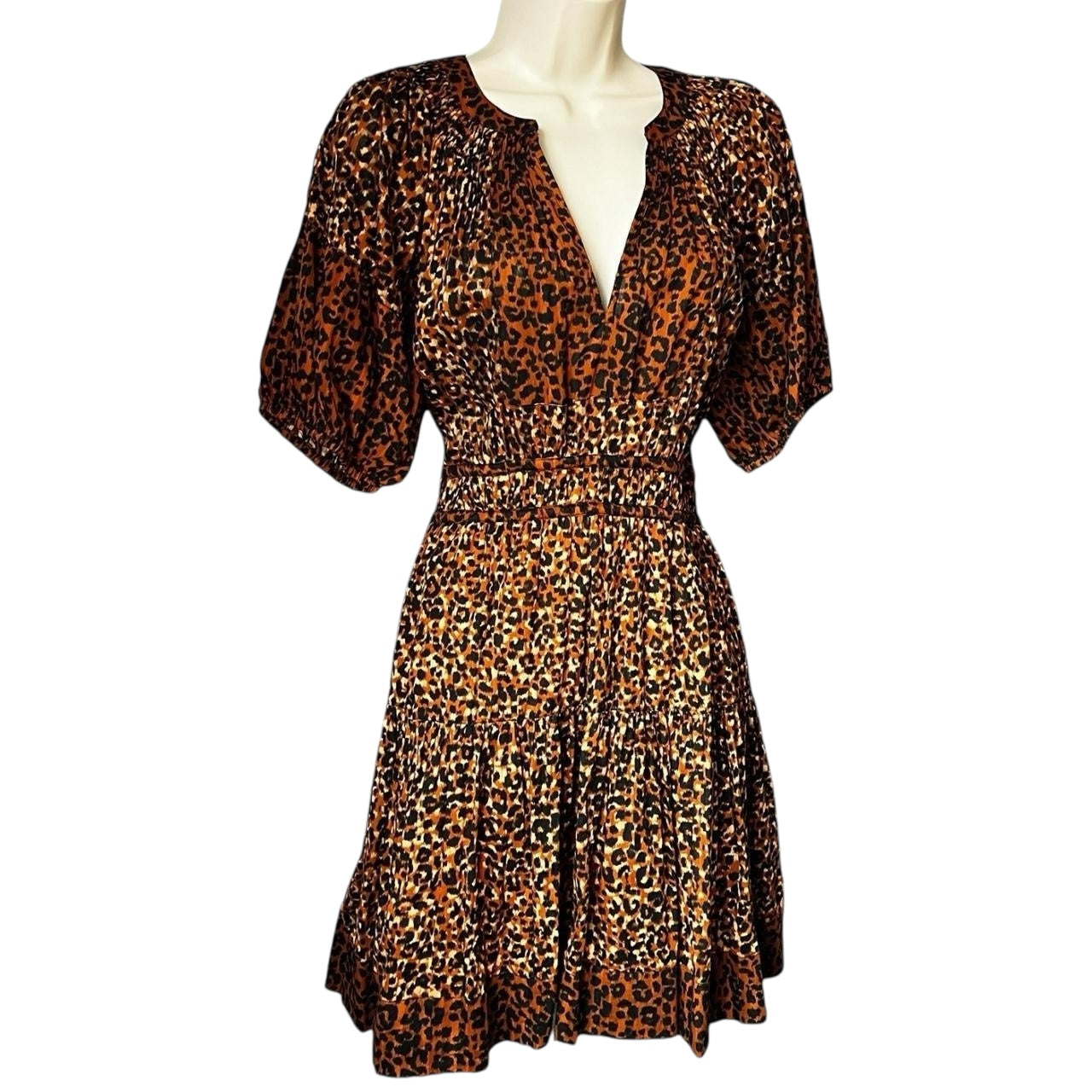 Ulla Johnson Mariana Leopard Print Tiered Cotton Mini Dress – US6