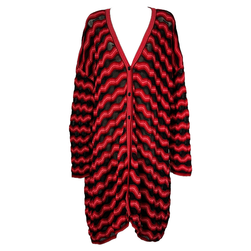 M Missoni Red & Black Zig-Zag Knit Long Cardigan – Wool Cotton Mesh, S