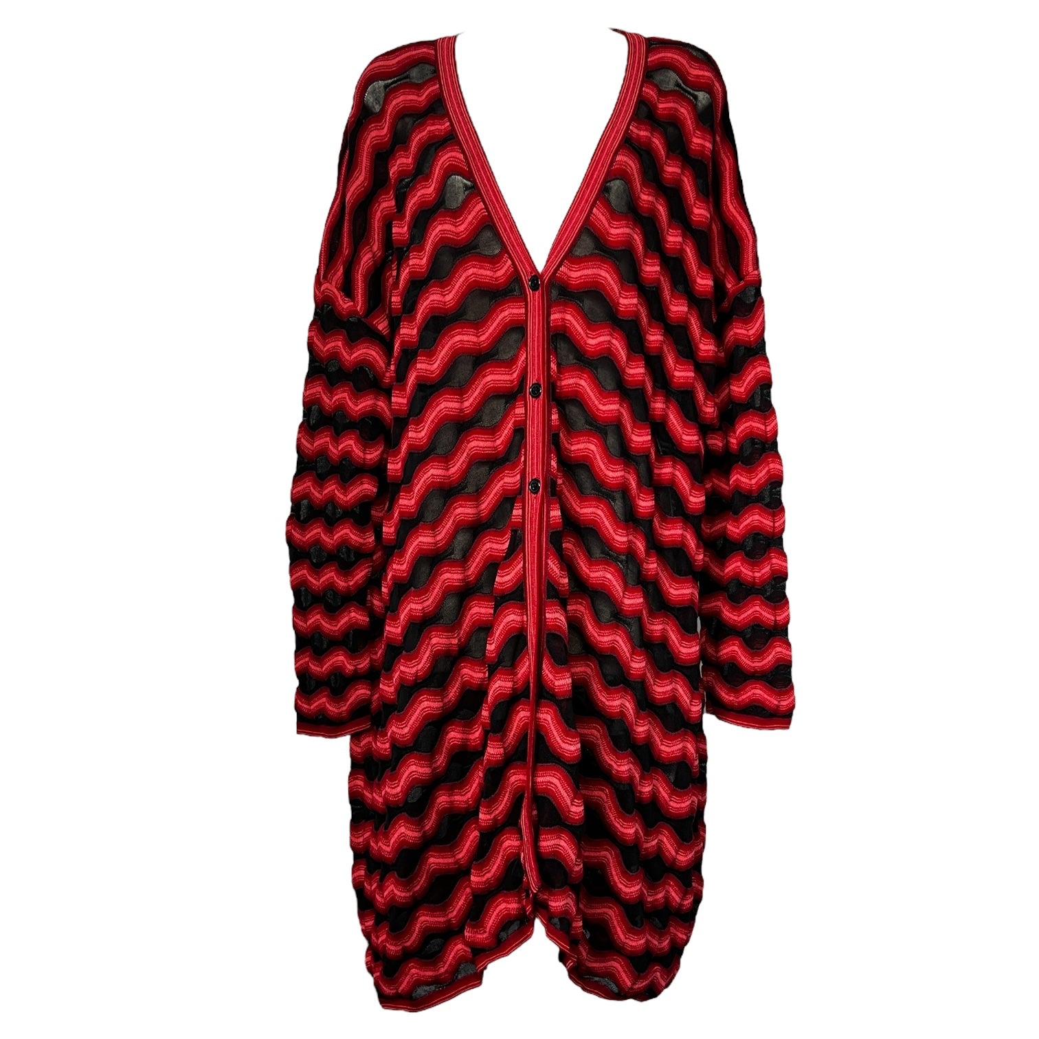 M Missoni Red & Black Zig-Zag Knit Long Cardigan – Wool Cotton Mesh, S